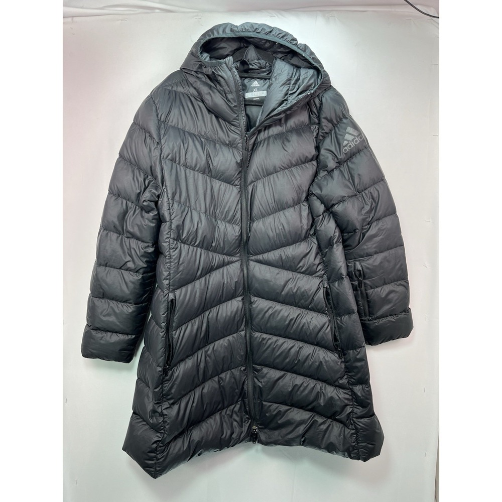 Adidas Climawarm Duck Down Black Womens Coat Long Jacket w/ Hood Size Small XL